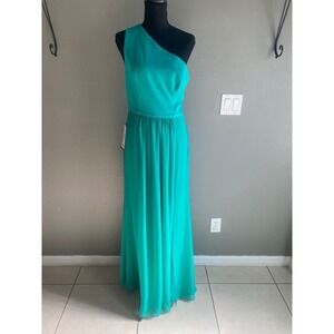 Adrianna Papell Womens One Shoulder Chiffon Maxi Gown Jade Green Size 6 New